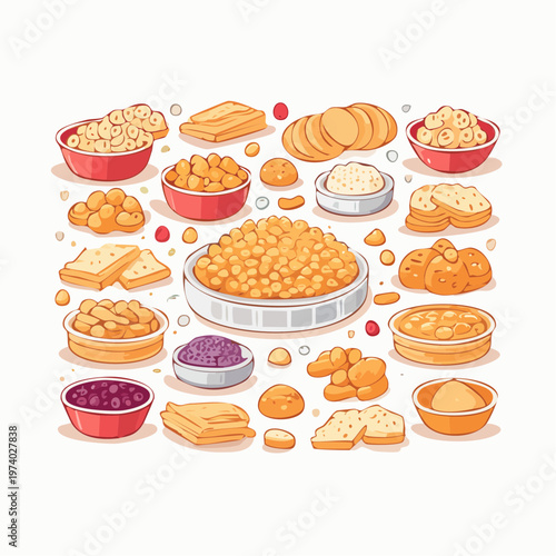 A vibrant assortment of wholesome snacks, nuts, legumes, and baked goods displayed in an appealing collection of bowls and dishes