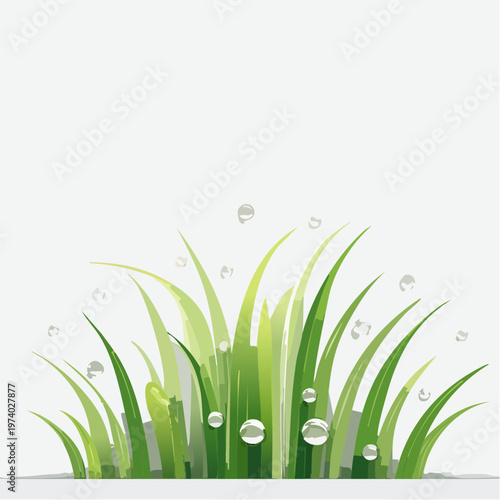 Lush green grass with dew drops and water splashes, a vibrant natural scene
