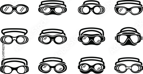 Professional swimming goggles set flat vector illustration isolated on white background, various aquatic eyewear icons for sports, diving, and pool activities.