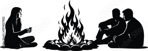 People sitting around a campfire at night, friends talking and relaxing outdoors by a fire pit, flat vector illustration