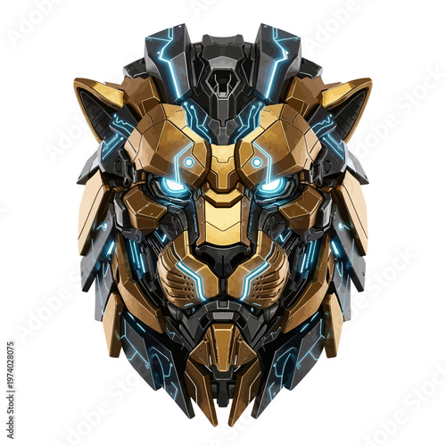 Robotic lion head with glowing blue circuits and metallic gold and black plating cybernetic animal face