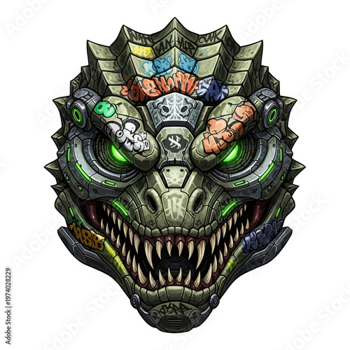 cybernetic dinosaur head with green eyes and graffiti on its face futuristic monster