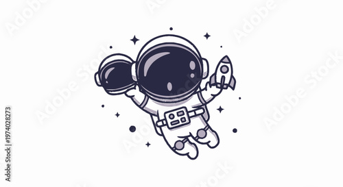 Astronaut Floating in Space Holding Rocket and Helmet.