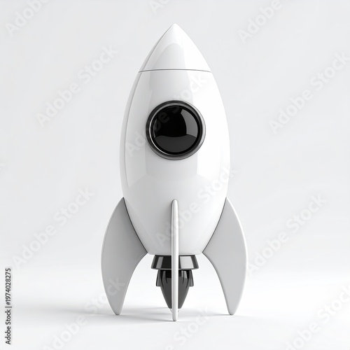 Sleek white cartoon rocket ship model with black window streamlined design glossy finish standing upright on a white studio backdrop