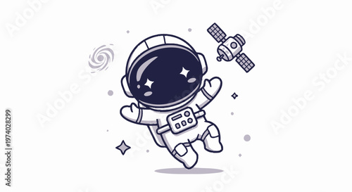 Astronaut Floating in Space with Satellite and Galaxy Illustration.
