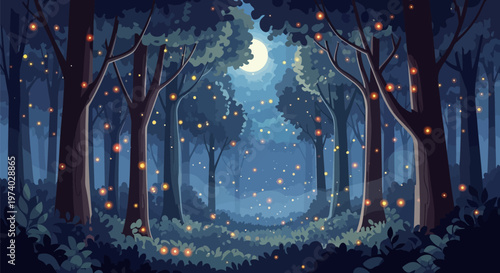 Whimsical moonlit forest with fireflies dancing under starry night sky through trees