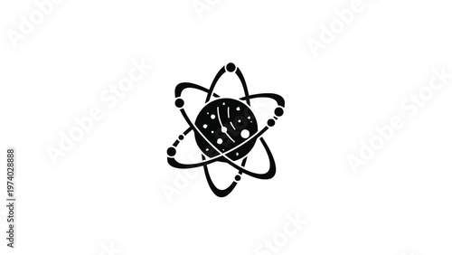 Black and White Atomic Structure Icon on White Background.