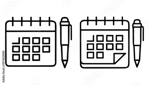 Calendar and pen icon set, vector illustration of schedule planning tools