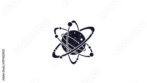 Black and white atomic structure illustration on white background.
