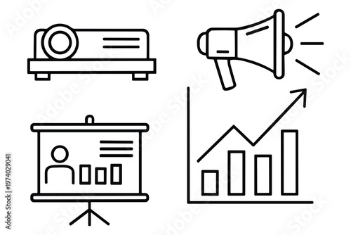 Set of business presentation and marketing icons including projector, megaphone, and growth chart