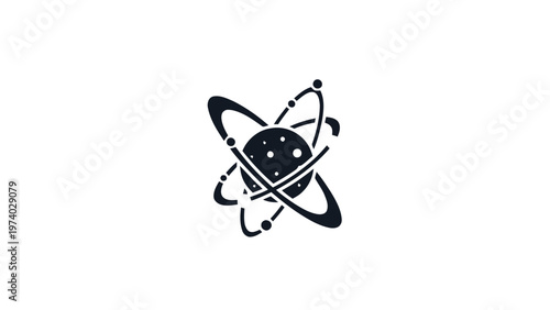Black and white atomic structure illustration on white background.