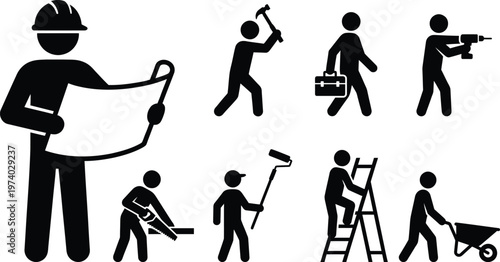Construction Workers and Professional Contractor Silhouette Icon Set - Flat Vector Pictograms for Building, Home Renovation, Architecture, Engineering, and Industrial Project Management