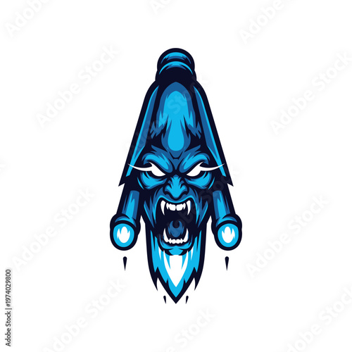 Blue angry face with fists and sharp teeth on white background
