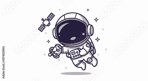 Astronaut Floating in Space with Satellite and Stars Illustration.