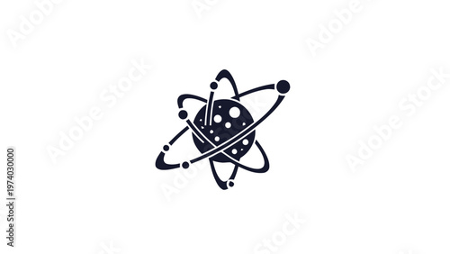 Black and white illustration of an atom with orbiting electrons.