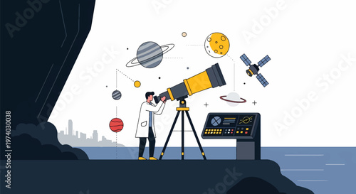 Astronomer Observing Celestial Bodies Through Telescope in Space.