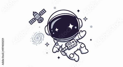 Astronaut Floating in Space with Satellite and Stars Illustration.