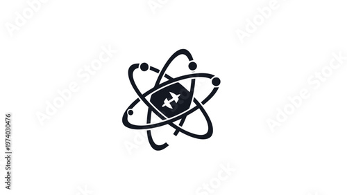 Black Atom Symbol with Star Inside, Representing Science and Technology.