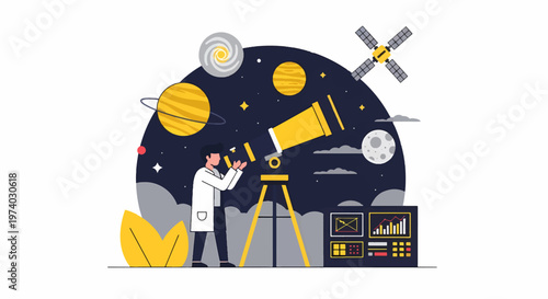 Astronomer Observing Celestial Bodies Through Telescope in Space.