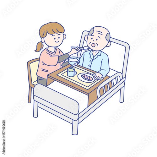 高齢者の食事介助を行う介護士のシーン　