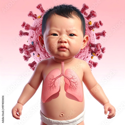 A baby with visible lungs and a virus behind