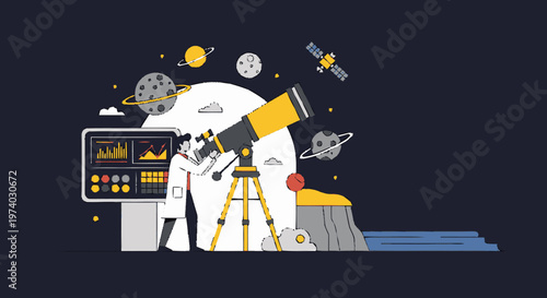 Astronomer Observing Celestial Bodies Through a Powerful Telescope in Space.