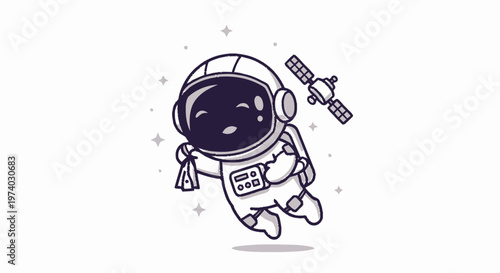 Astronaut Floating in Space with Satellite Illustration on White Background.