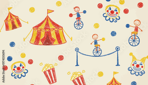 Whimsical circus scene with clowns tents and performers on unicycles and tightrope festive background