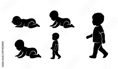 Child development icon collection baby to toddler growth stages solid black vector