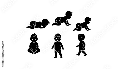 Baby to child development stages silhouette icon pack solid black vector illustration
