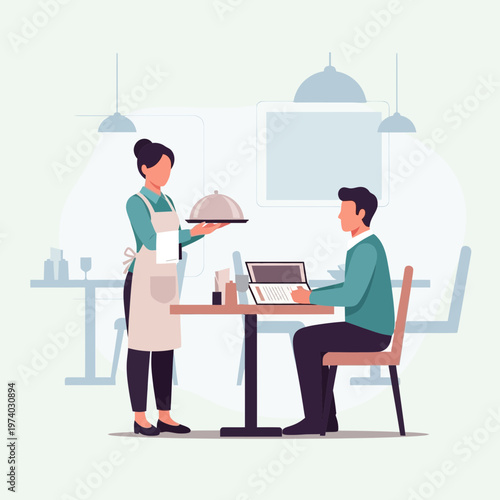 Restaurant Service Illustration Vector, Waitress Serving Customer Meal, Hospitality Dining Scene Graphic Design