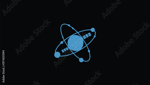 Blue Atom Illustration on Black Background Depicting Science Concept.