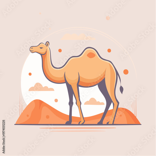 Desert Camel Illustration with Sandy Dunes and Clouds