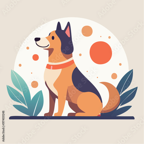 Charming illustration of a happy sitting dog with a collar amidst a delightful minimalist nature-inspired background, exuding warmth and companionship