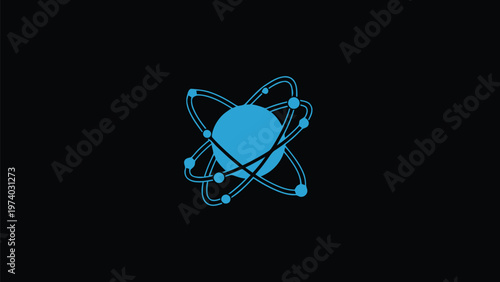 Blue Atom Illustration on Black Background, Science Concept Design.