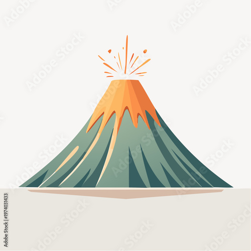 Illustration of an erupting volcano with a conical mountain shape and lava spewing out