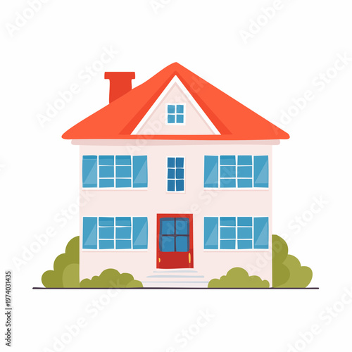 Charming Two-Story Residential House with Red Roof and Lush Greenery