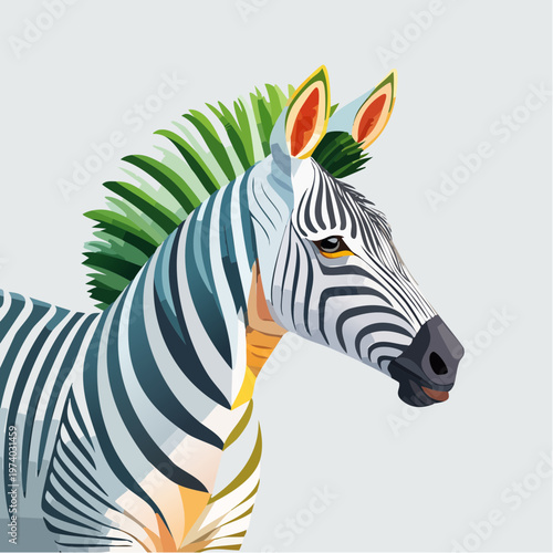 Vibrant Stylized Zebra Illustration Featuring a Unique Green Mane Against a Clean Background, Showcasing Wild Animal Art