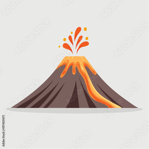 Illustration of a volcano erupting with lava flowing down its side against a plain background