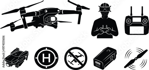 Drone and UAV technology icon set featuring quadcopter, pilot with FPV goggles, remote control, landing pad, and no-fly zone sign, modern flat vector silhouettes for commercial use