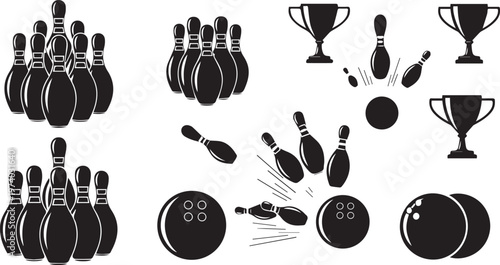 Bowling game equipment icons set with pins balls and trophies vector illustration