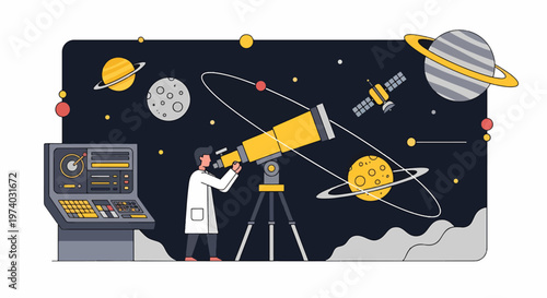 Astronomer Observing the Cosmos Through a Powerful Telescope in Space.