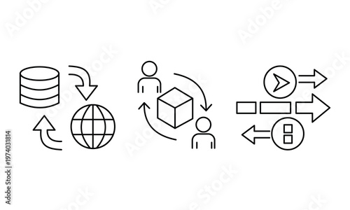 Global data exchange and peer to peer file sharing vector icons for international network communication and decentralized digital technology services.Editable stroke