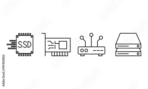 Computer hardware components set featuring SSD card and router vector icons for network infrastructure and high speed storage technology equipment.Editable stroke.