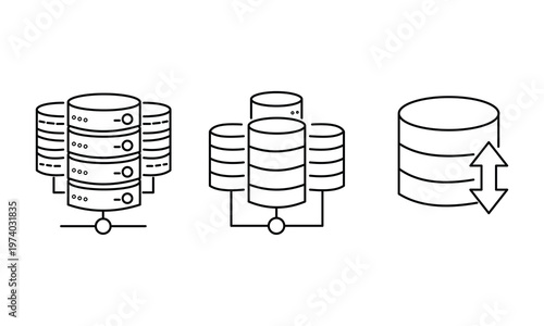 Cloud database storage and data transfer vector icons set for big data management and synchronized hosting services in clean minimal line .Editable stroke, Vector illustration, Line art Icon, Symbols.