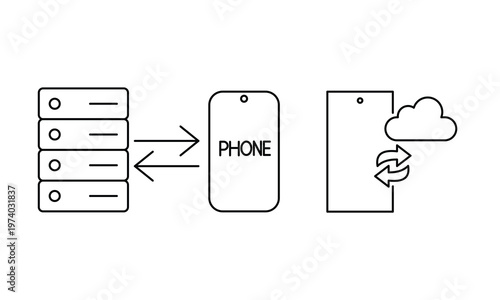 Mobile server connection and cloud backup vector icons for smartphone data synchronization and remote hosting services in minimal line art design.