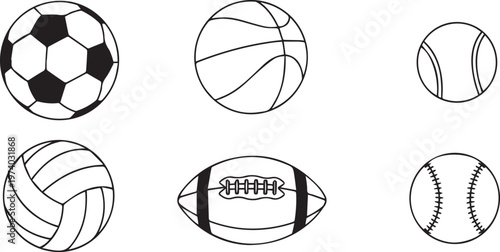Simple Black and White Sports Balls Icons Set Vector Illustration