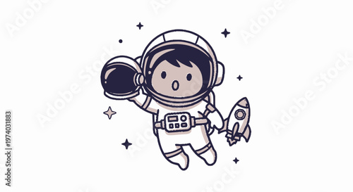 Cartoon Astronaut Floating in Space Holding Helmet and Rocket.