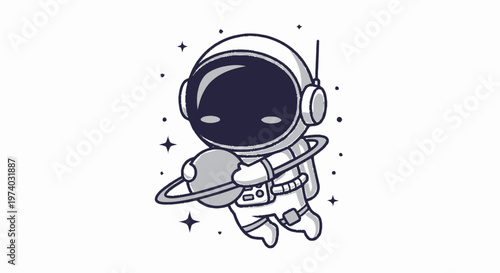 Cartoon Astronaut Floating in Space Holding Planet with Rings.