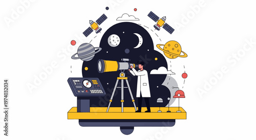 Astronomer Observing Celestial Bodies Through Telescope in Space.